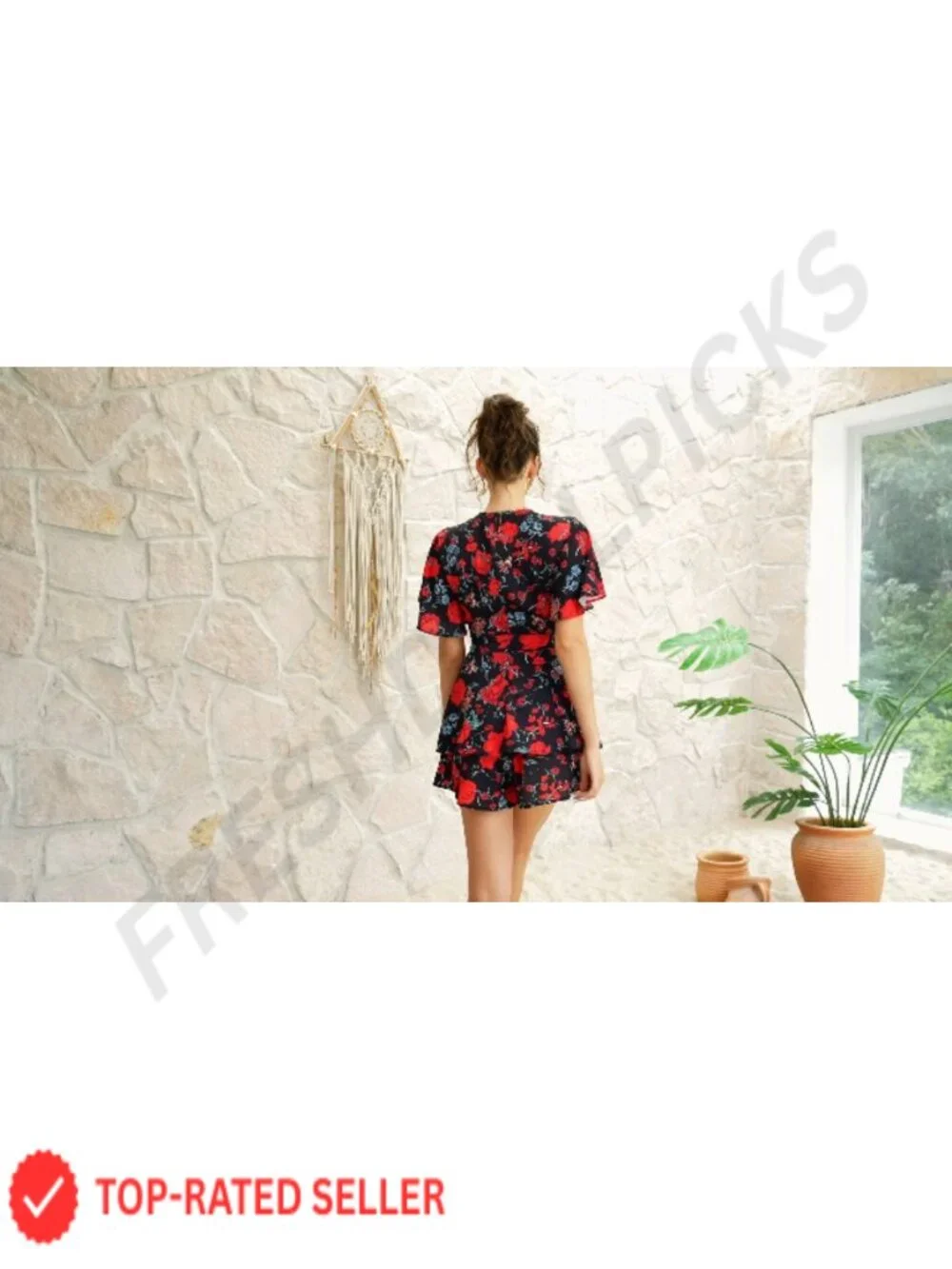 Women's Floral Romper V Neck Short Sleeve Waist Tie Ruffle Hem Polyester